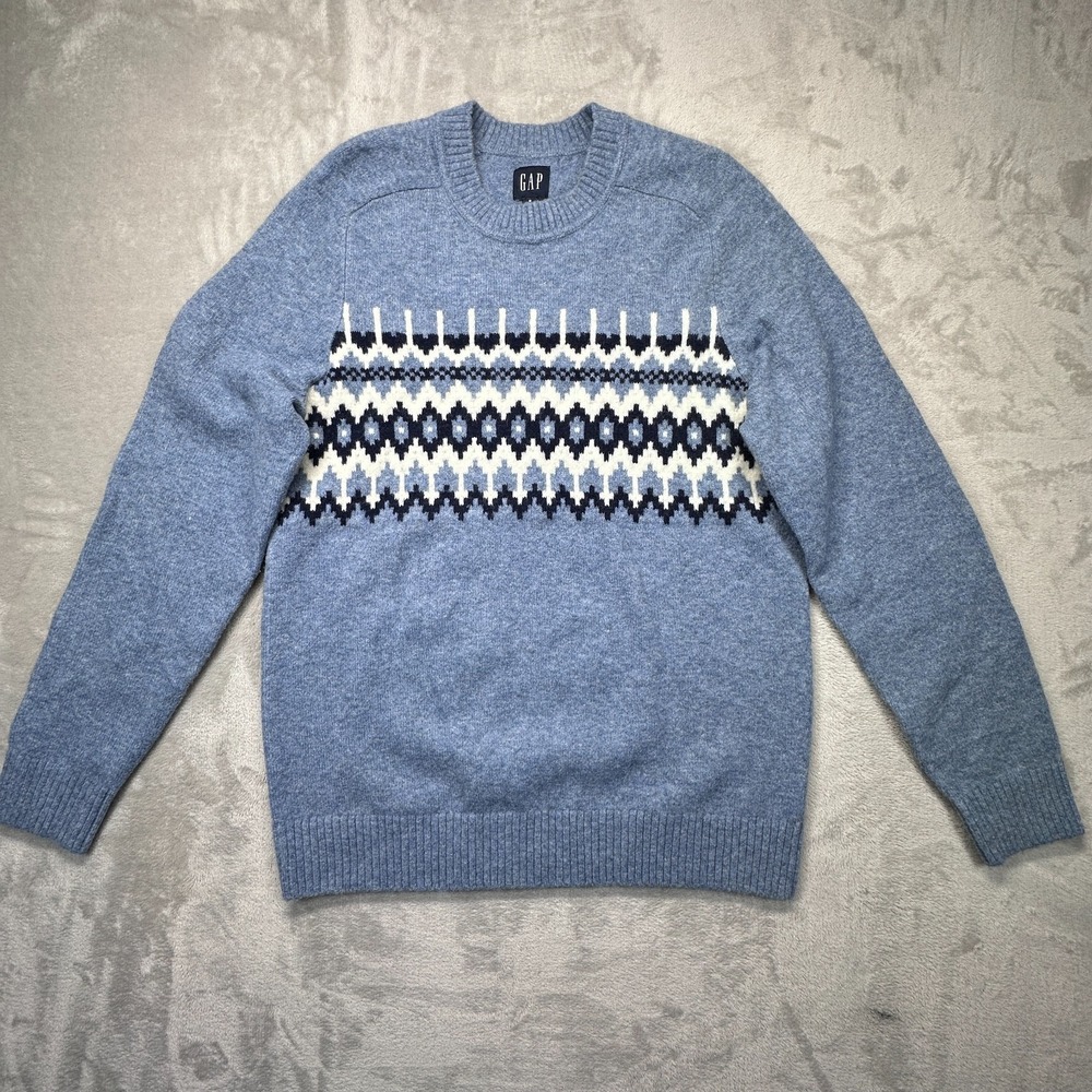 Gap Mens Small Blue Fair Isle Stretch Raglan Sleeve Ribbed Hem Crewneck Sweater